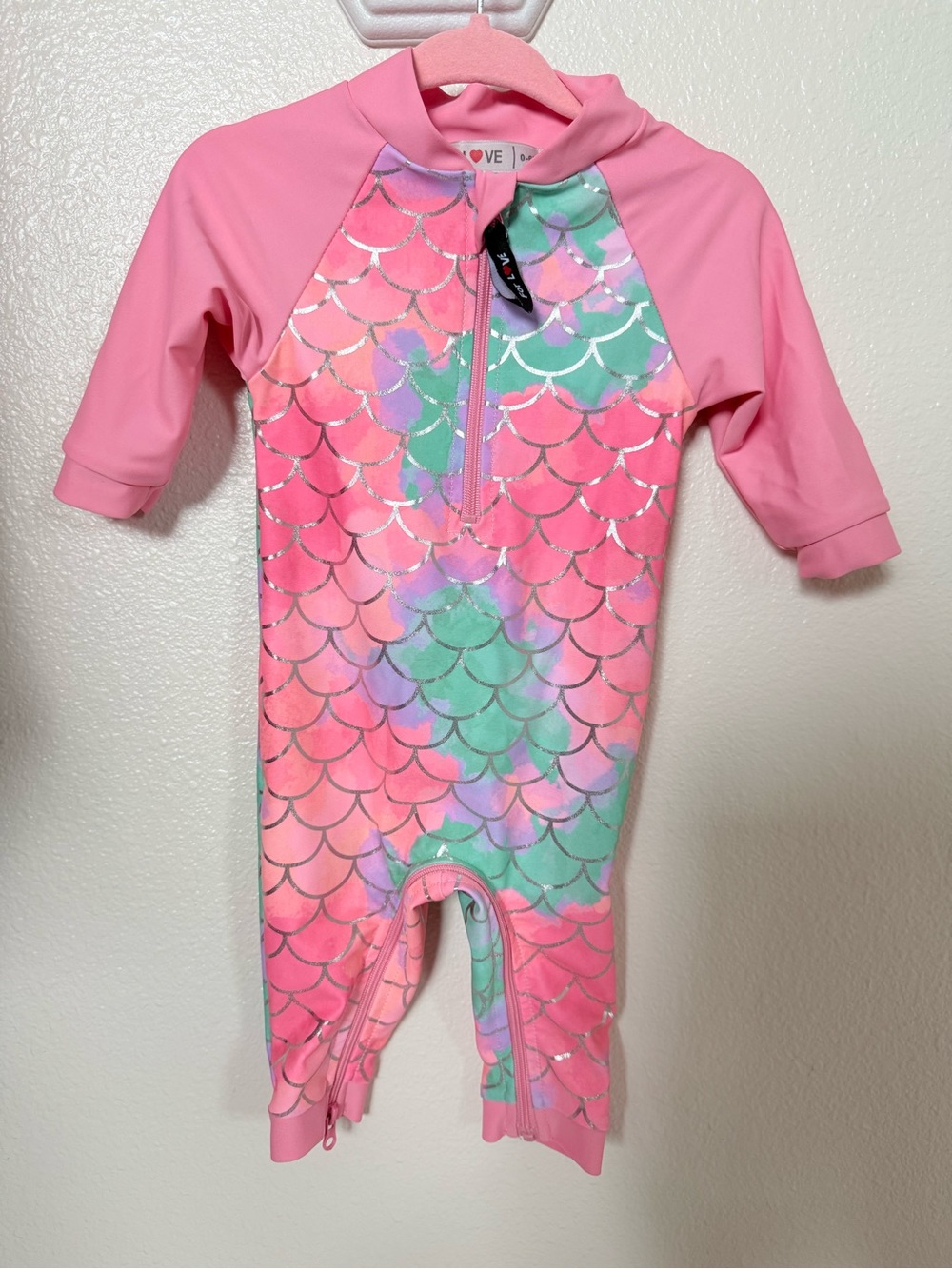 Girls Pink Mermaid-Scale Rashguard One-Piece Swim Suit - Pink/Mint